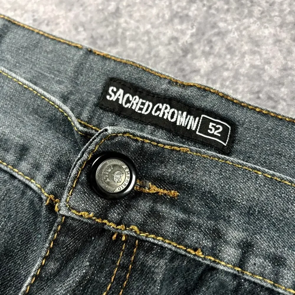 Vintage Sacred Crown Men’s 52 Charcoal Patchwork Denim Jorts Baggy Wide Leg Y2K